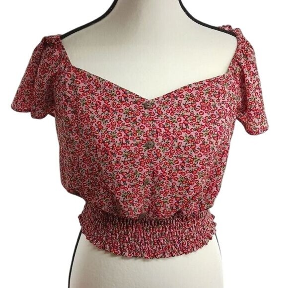Monteau Blouse Red Floral Cropped Elastic Waist Flutter Sleeve V Neck Size L - Picture 1 of 8